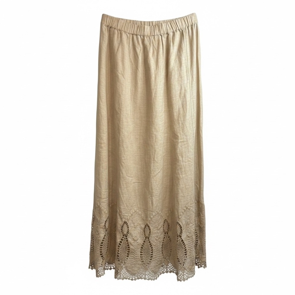 Chico's Beige Embrodery Linen Pullon Maxi Skirt Size 1 or M/8 Casual Old Money